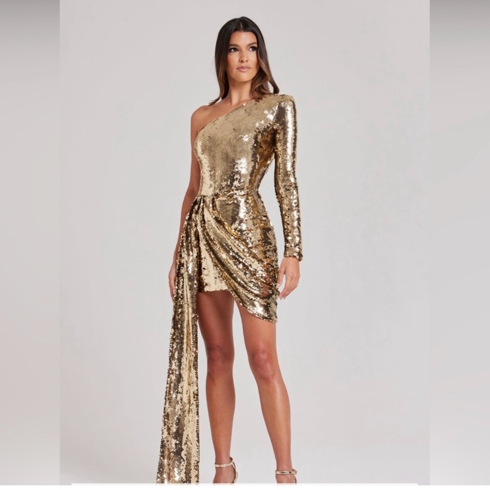 NADINE MERABI Celina Gold One Shoulder Bodycon Dress - NWT